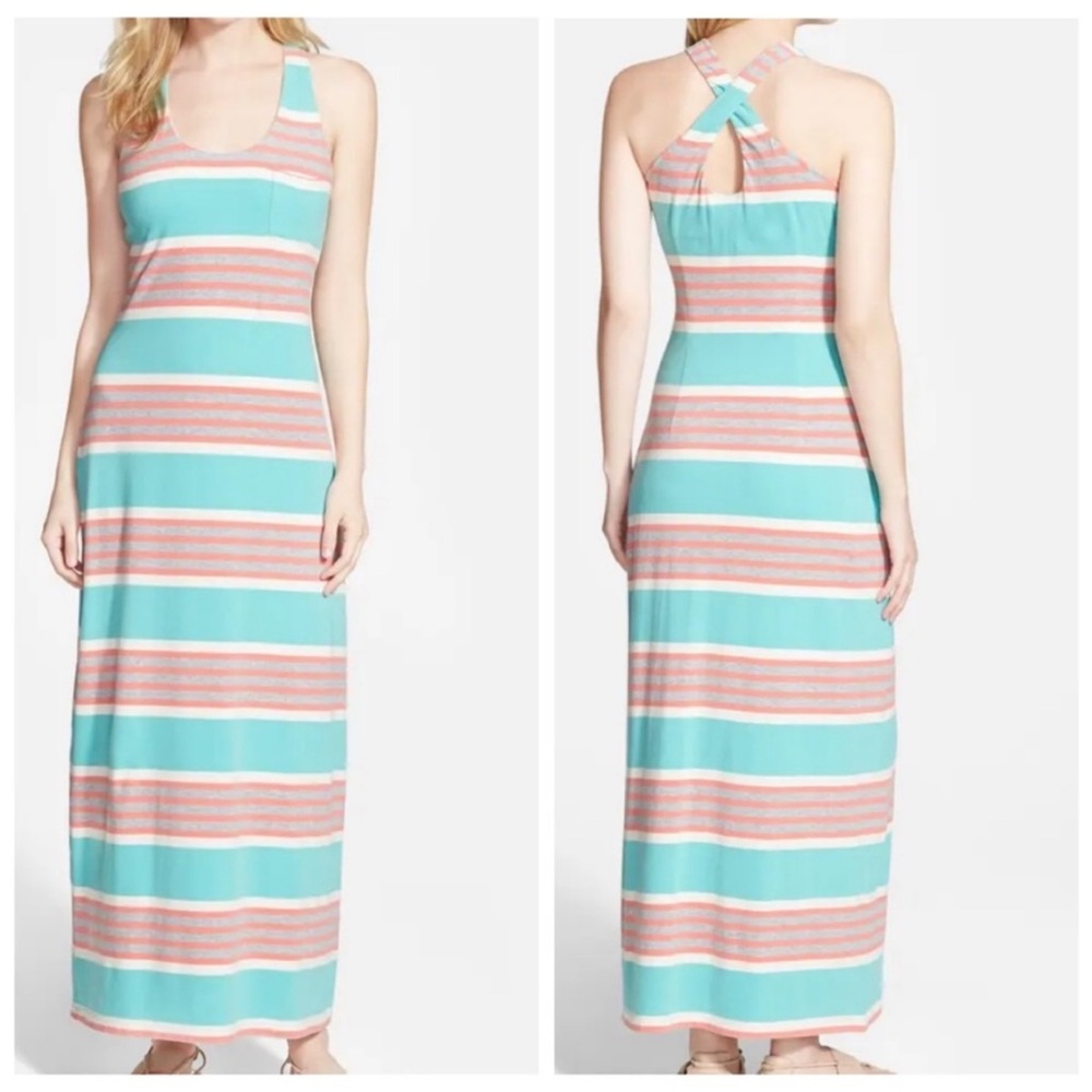 Tommy Bahama Keefe Stripe Cross Back Maxi Dress Ice Cave Size Medium Resortwear